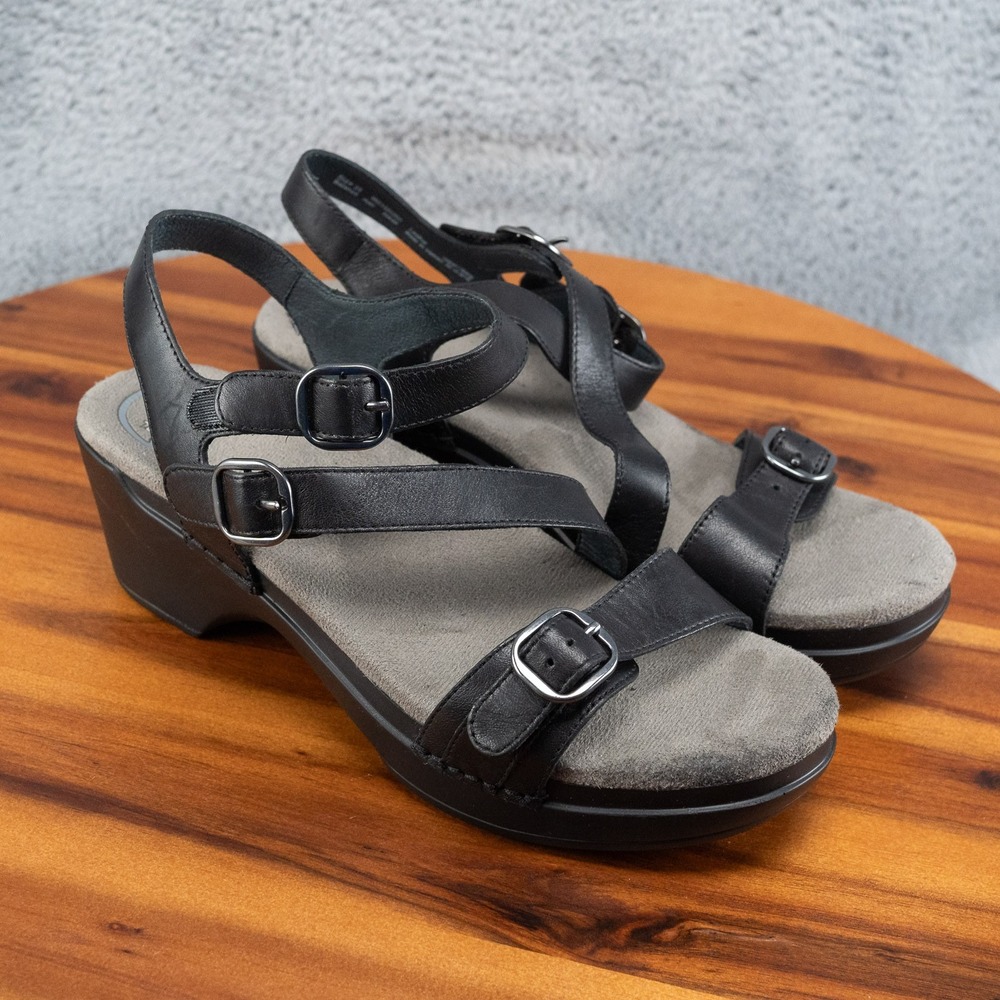 Dansko Sacha Women's Size 39-8.5 Black Leather Strappy Slingback Wedge Sandal